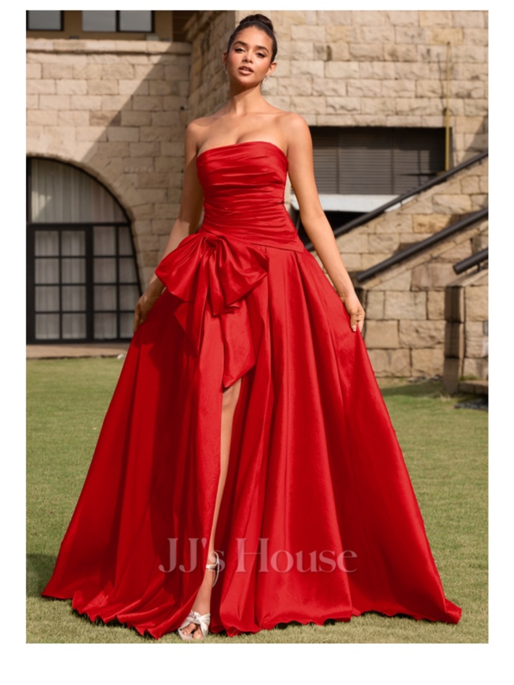 JJs House Red Strapless Ball Gown with Side Bow